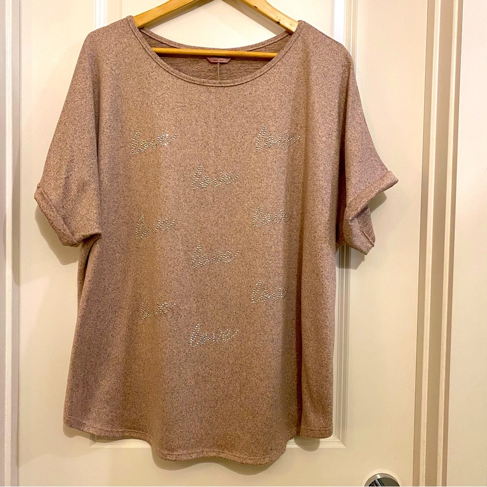 SJS “Love” Heathered rose/blush and grey cuffed rhinestone shirt, size 3x